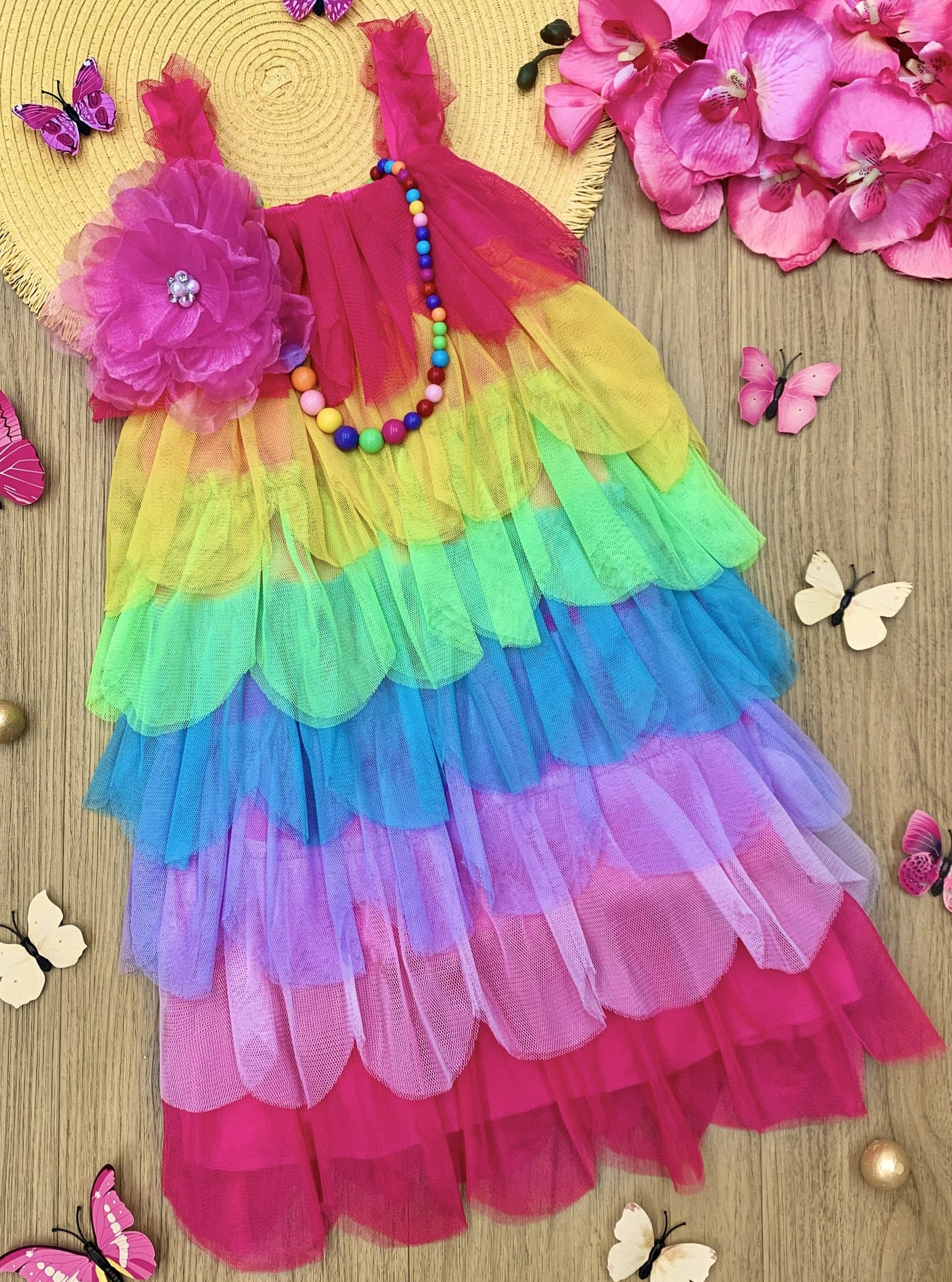 girls spring multilayer tulle rainbow dress 2T-10Y