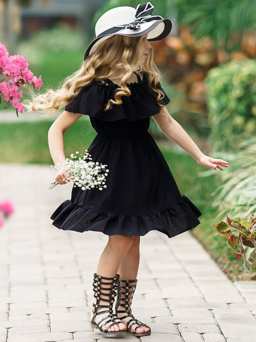 Toddler Spring Dresses | Girls Black Cold Shoulder Ruffle Bib Dress