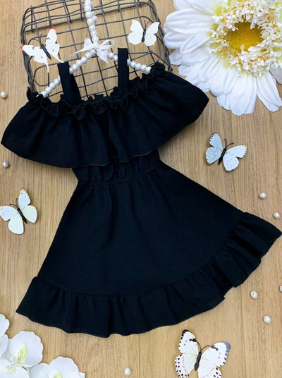 Toddler Spring Dresses | Girls Black Cold Shoulder Ruffle Bib Dress