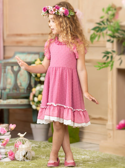 Girls  Spring dress with a ruffled collar, eyelet polka dots, and ruffle lace hem - pink - 2T to 10Y for toddlers and girls