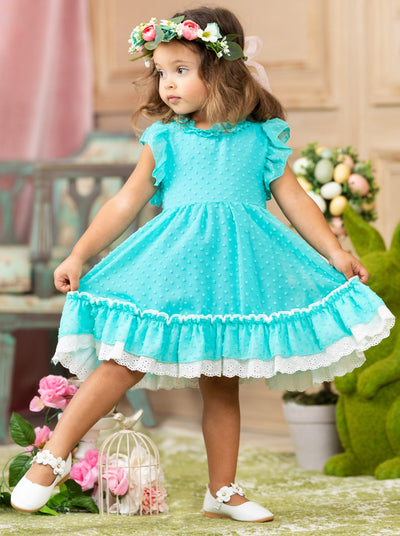 Midi summer dress features raised details, flutter sleeves, and a lace trim - Blue - 2T to 10Y for toddlers and girls
