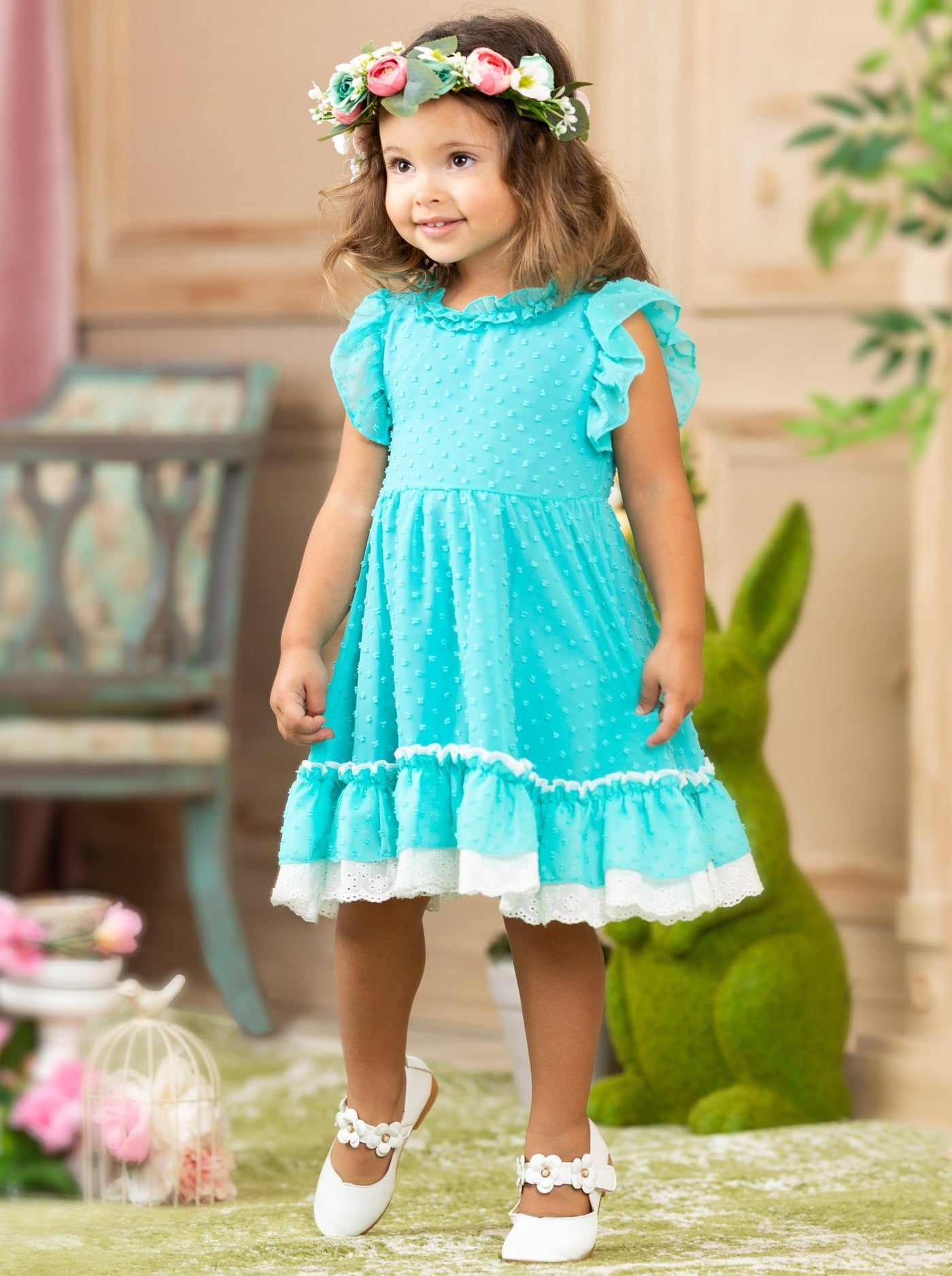 Midi summer dress features raised details, flutter sleeves, and a lace trim - Blue - 2T to 10Y for toddlers and girls