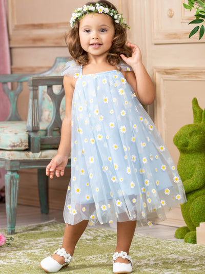 Toddler Spring Dresses | Little Girls Blue Daisy Tulle Overlay Dress