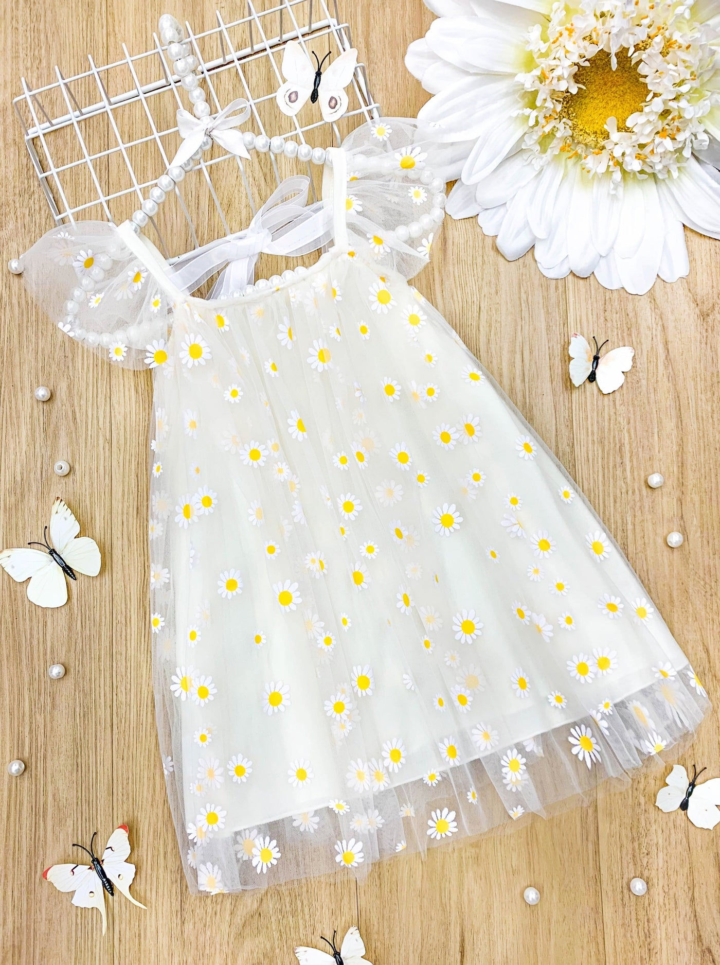 girls spring tulle dress with daisy applique 2T-10Y white