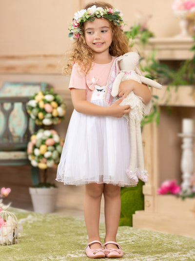 girls pink bodice with bunny applique and white tutu 2T-10Y