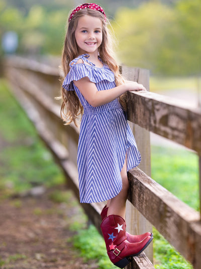 Girls Spring striped dress has a cold-shoulder top, romper shorts, and hi-lo skirt overlay - 2T-10Y
