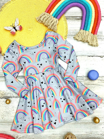 Toddler Spring Dresses | Girls Rainbow Print Long Flared Sleeve Dress