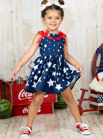 Girls 4th of July Dresses | Star Print Red Bow Accent Pleated Sundress