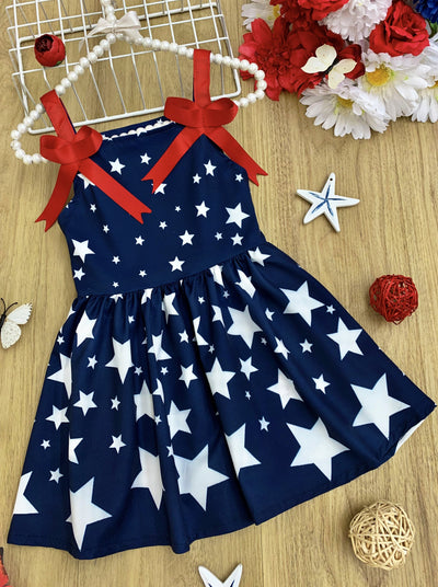 Girls 4th of July Dresses | Star Print Red Bow Accent Pleated Sundress