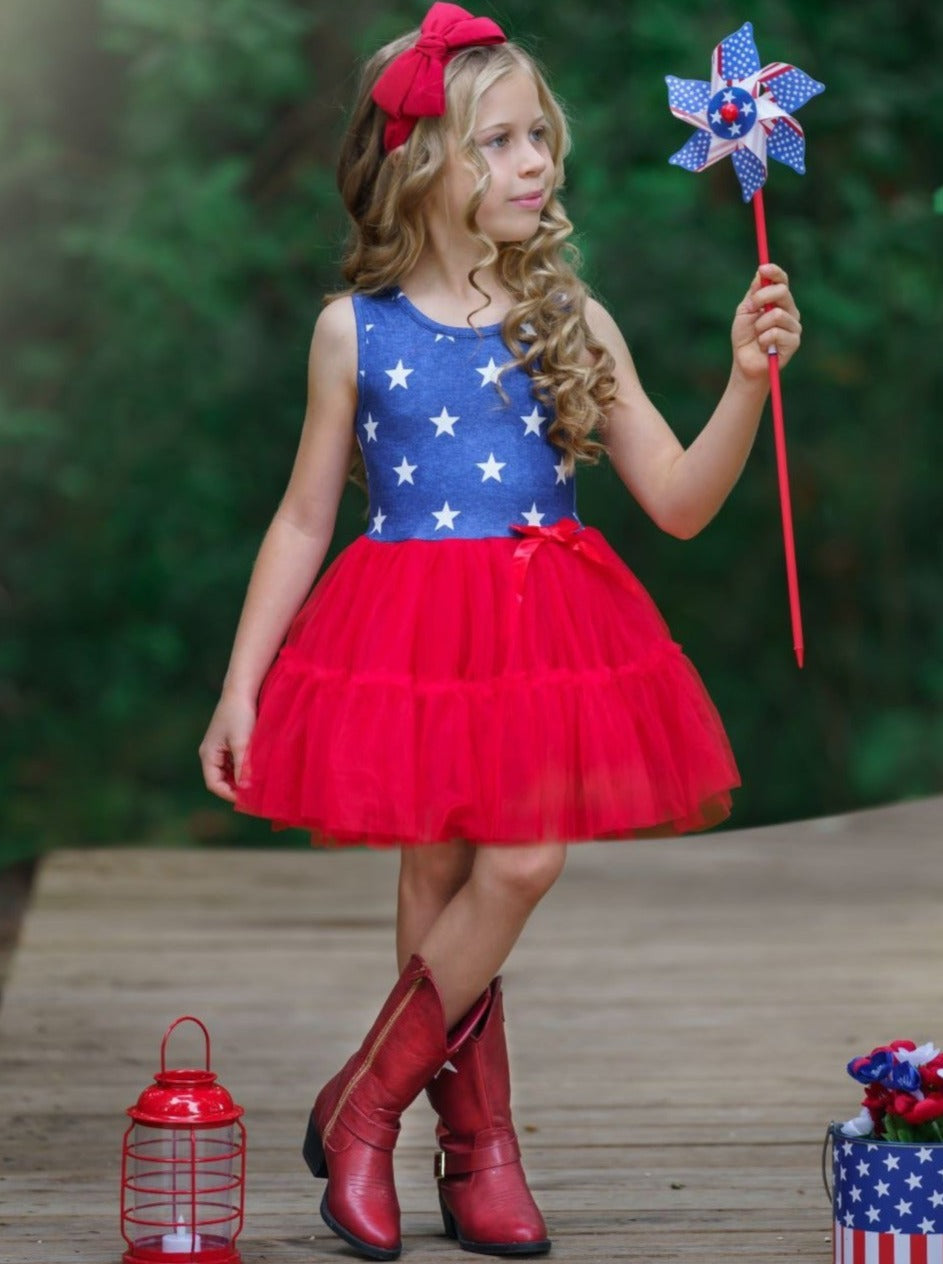 Girls 4th of July Outfit | Star Print Bodice Red Tulle Tutu Dress