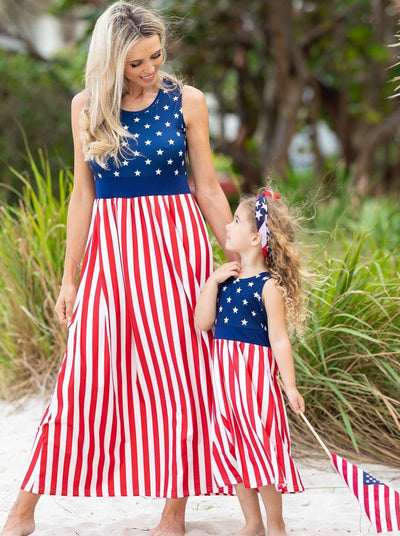 Mommy & Me 4th Of July Dresses | Sleeveless US Flag Maxi Sundress
