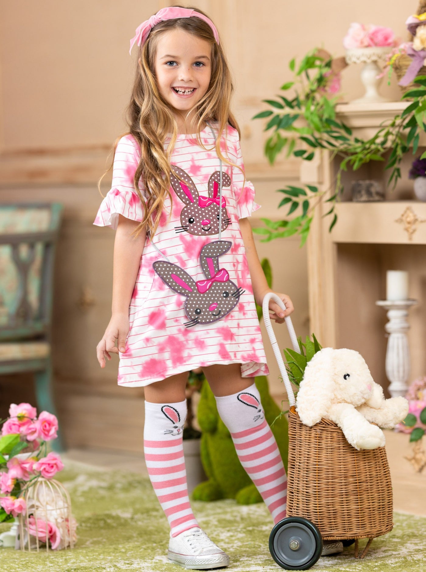 Girls Casual Easter Sets | Tie Dye Bunny Dress, Socks & Purse Set