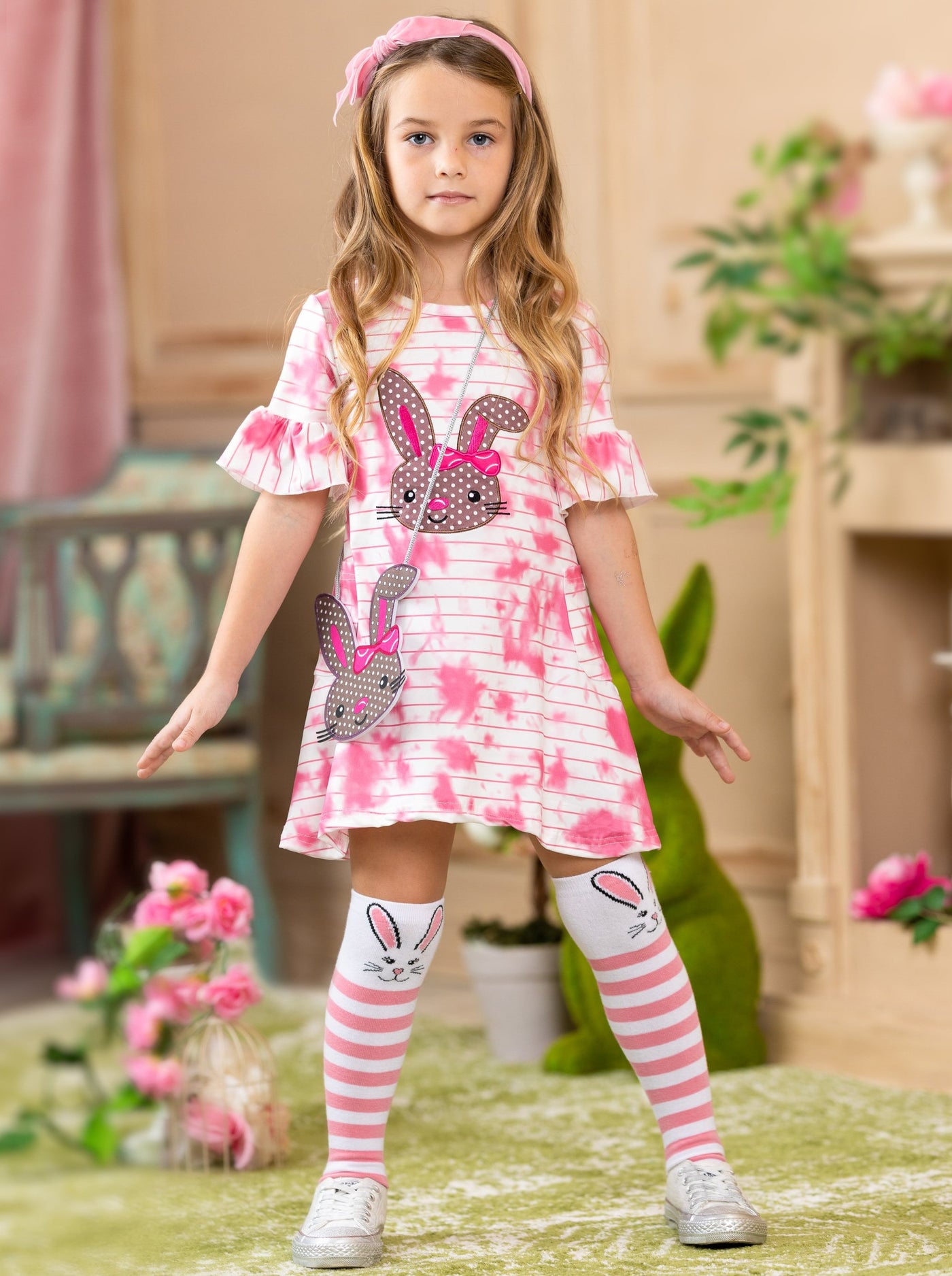 Girls Casual Easter Sets | Tie Dye Bunny Dress, Socks & Purse Set