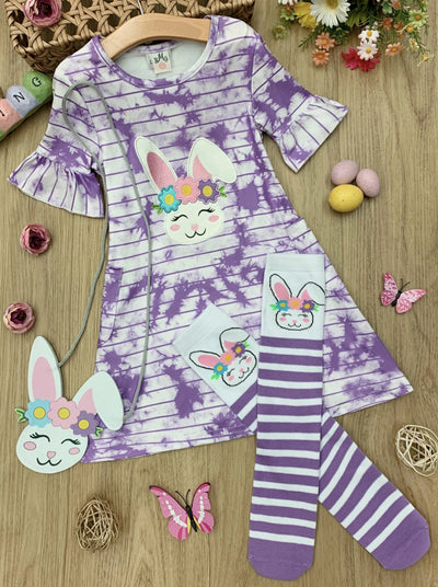 Girls Easter Sets | Purple Tie Dye Bunny Dress, Socks & Purse Set