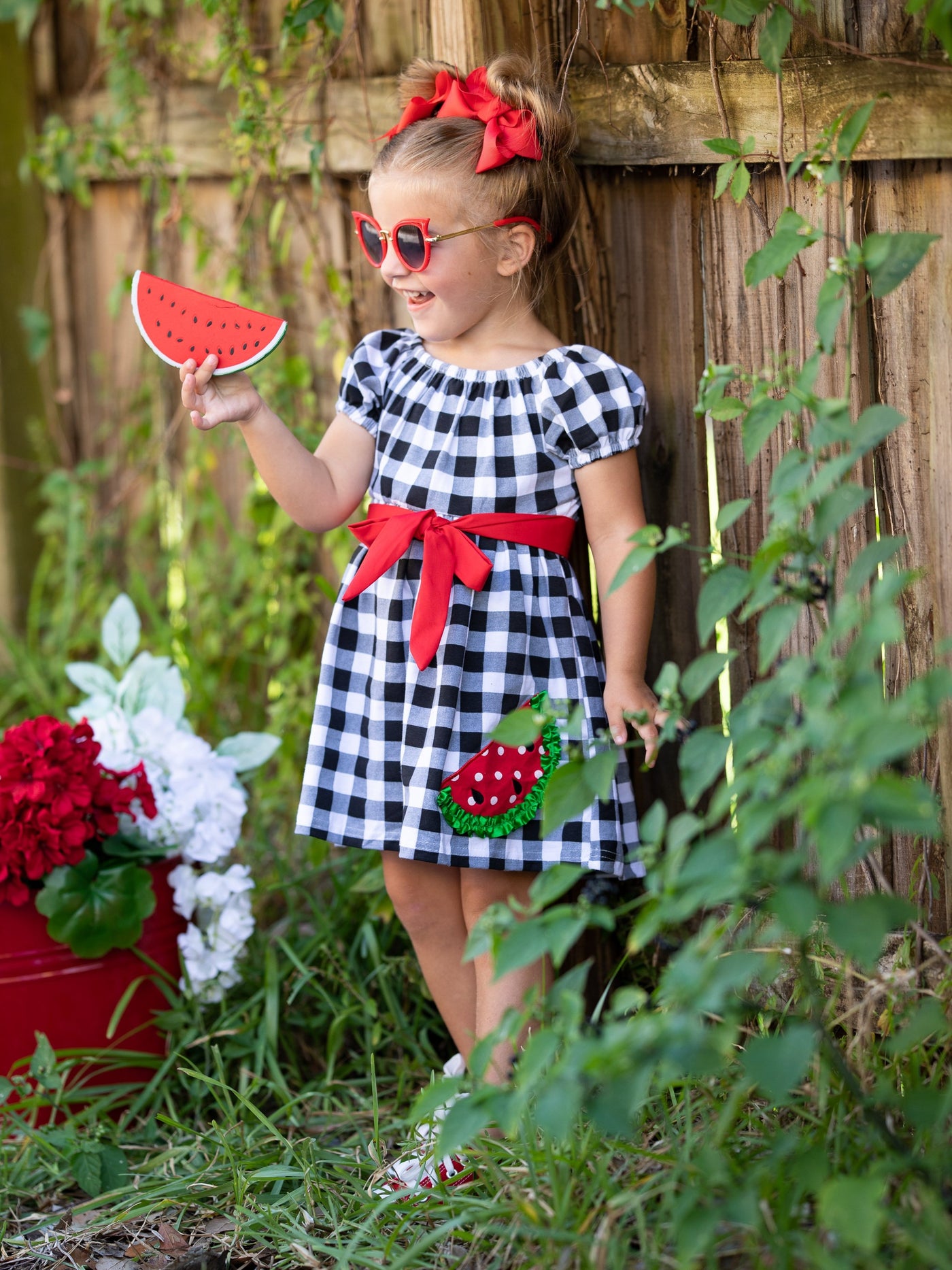 Toddler Spring Dresses | Puff Sleeves Plaid Watermelon Applique Dress