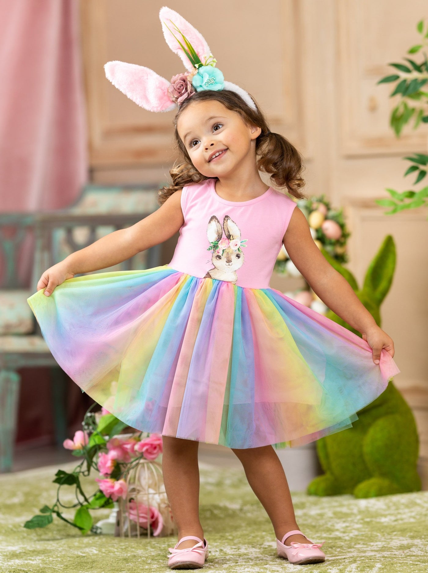 Easter tutu dress with a pink sleeveless bodice with bunny graphic and a rainbow tulle skirt 2T-10Y