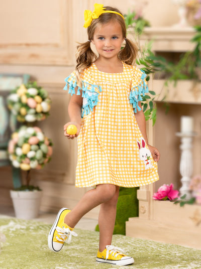 girls spring checkered yellow dress with bunny applique 2T-10Y