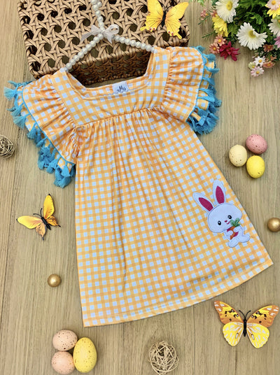 girls spring checkered yellow dress with bunny applique  2T-10Y