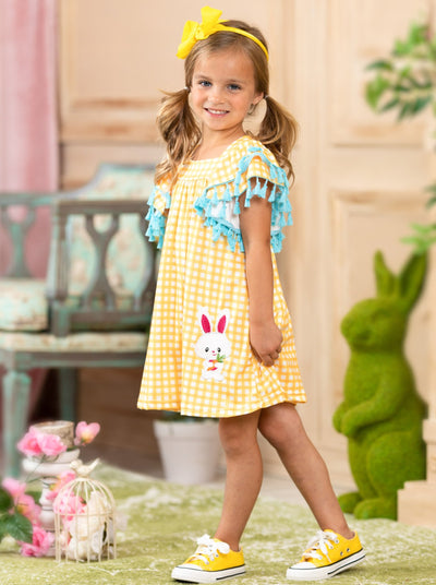 girls spring checkered yellow dress with bunny applique 2T-10Y