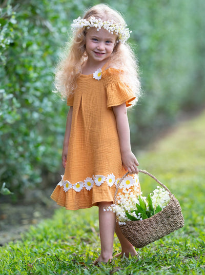 Toddler Spring Dresses | Girls Cold Shoulder Daisy Applique Dress