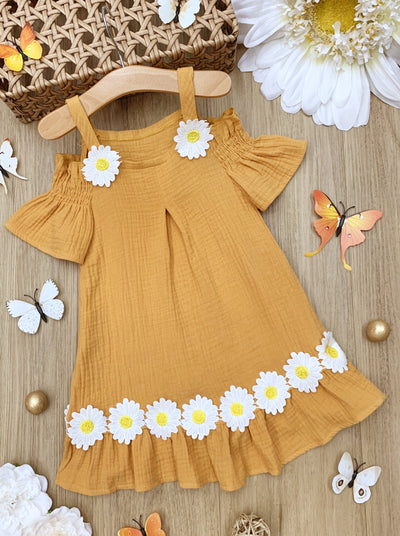 Toddler Spring Dresses | Girls Cold Shoulder Daisy Applique Dress