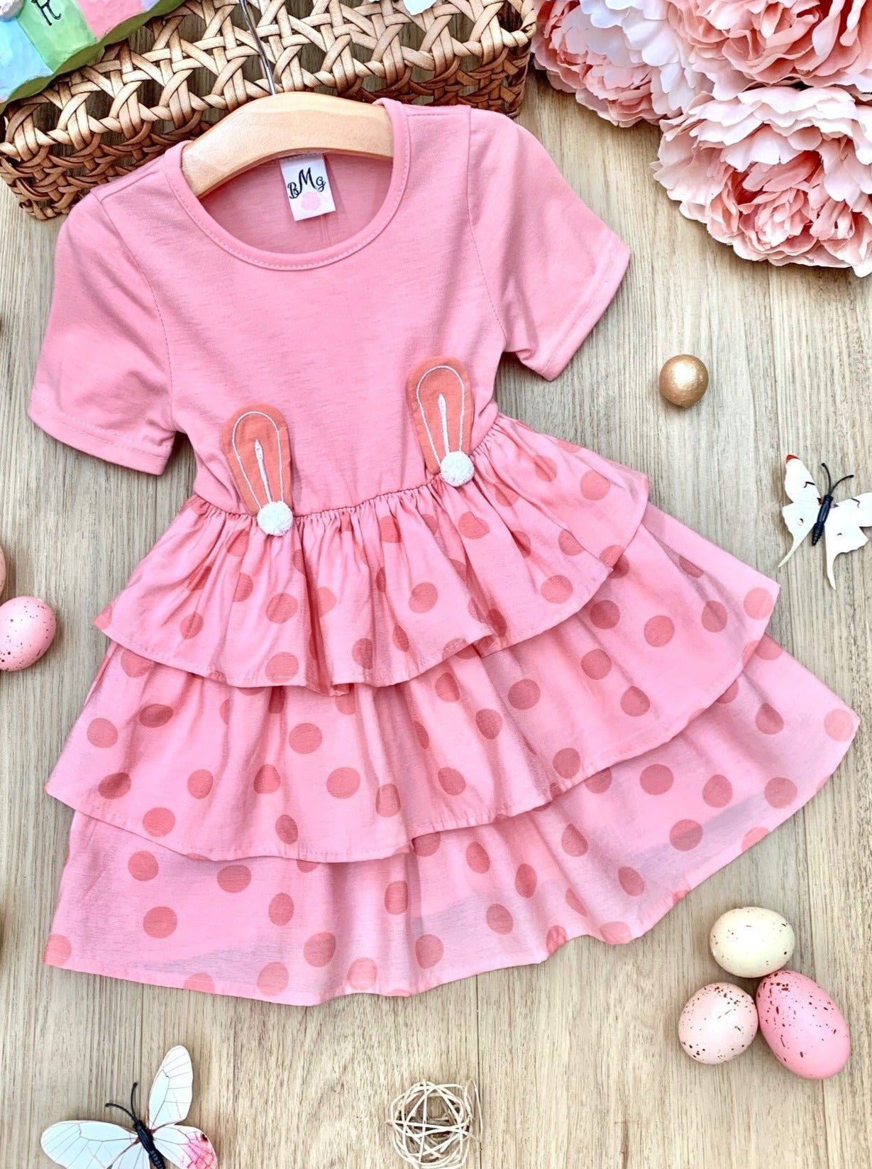 Mia Belle Girls Easter Dresses | Dotted Bunny Ears Tiered Ruffle Dress