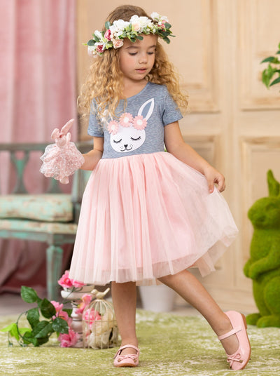 girls Easter grey bodice with bunny print with flower applique headband and pink tutu skirt dress 2T-10Y