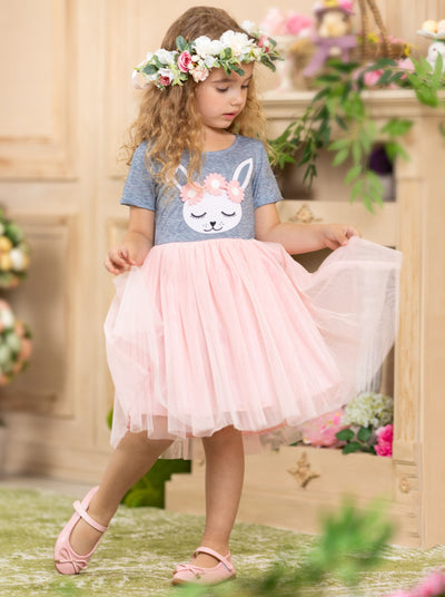 girls Easter grey bodice with bunny print with flower applique headband and pink tutu skirt dress 2T-10Y