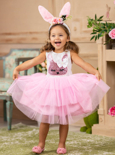 Girls sleeveless Easter dress with lace bodice, sequin bunny applique, multi-tier tutu skirt for toddlers and girls 2T/10Y