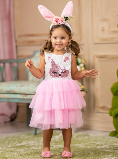 Girls sleeveless Easter dress with lace bodice, sequin bunny applique, multi-tier tutu skirt for toddlers and girls 2T/10Y