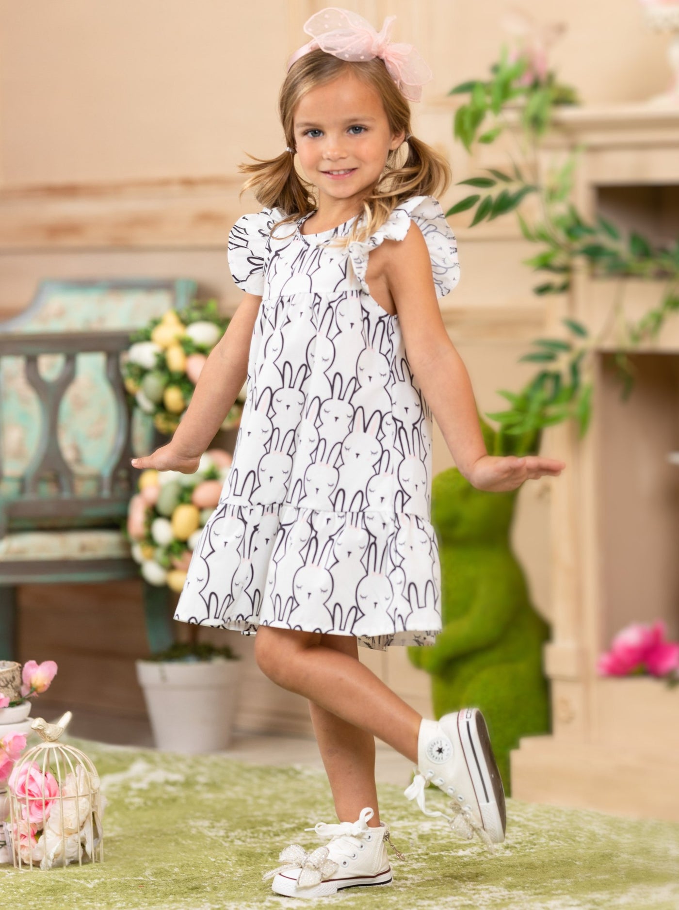 Kids Casual Easter Dress | Girls Ruffled Sleeve Bunny Skater Dress ...