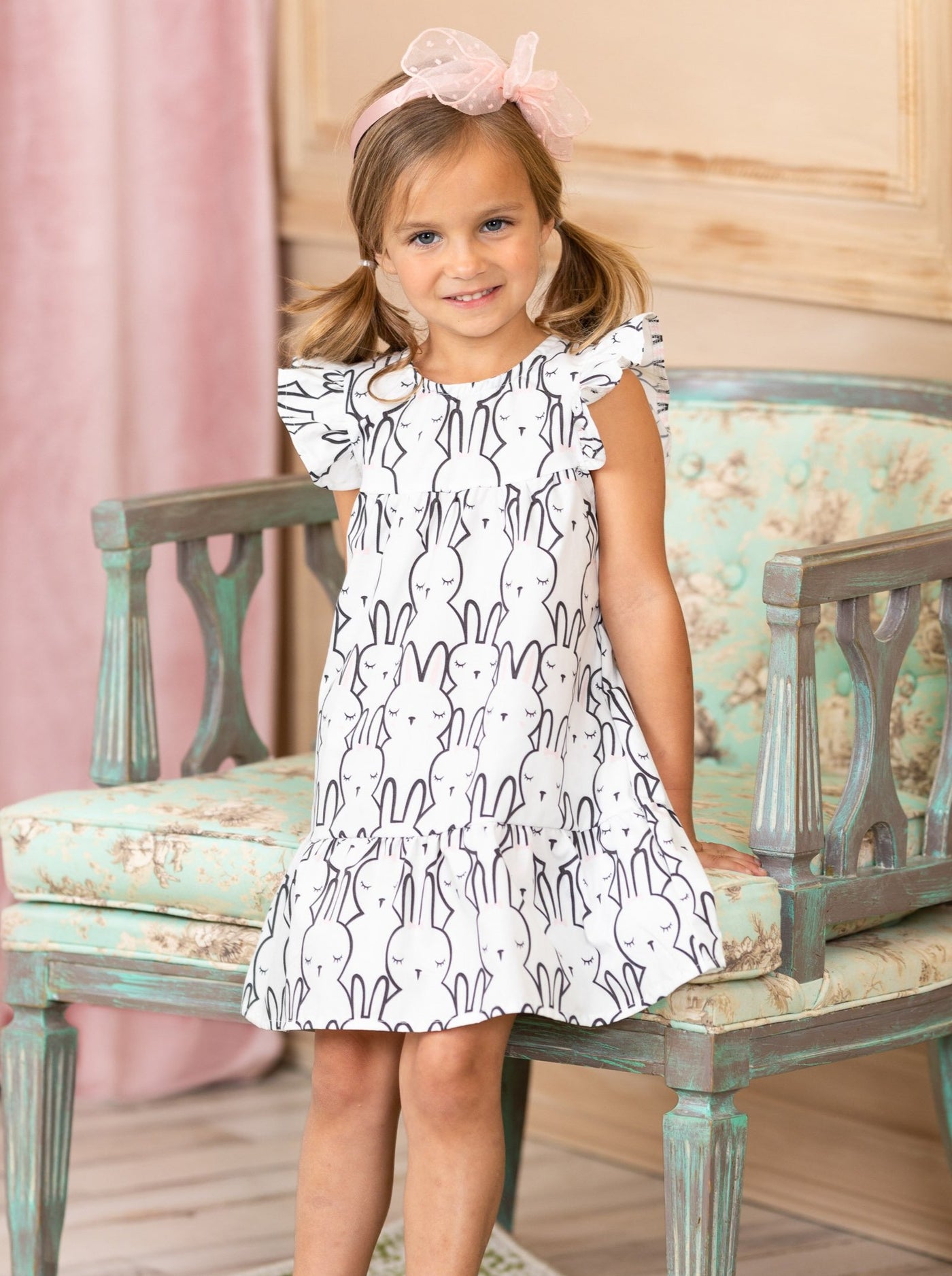 Kids Casual Easter Dress | Girls Ruffled Sleeve Bunny Skater Dress