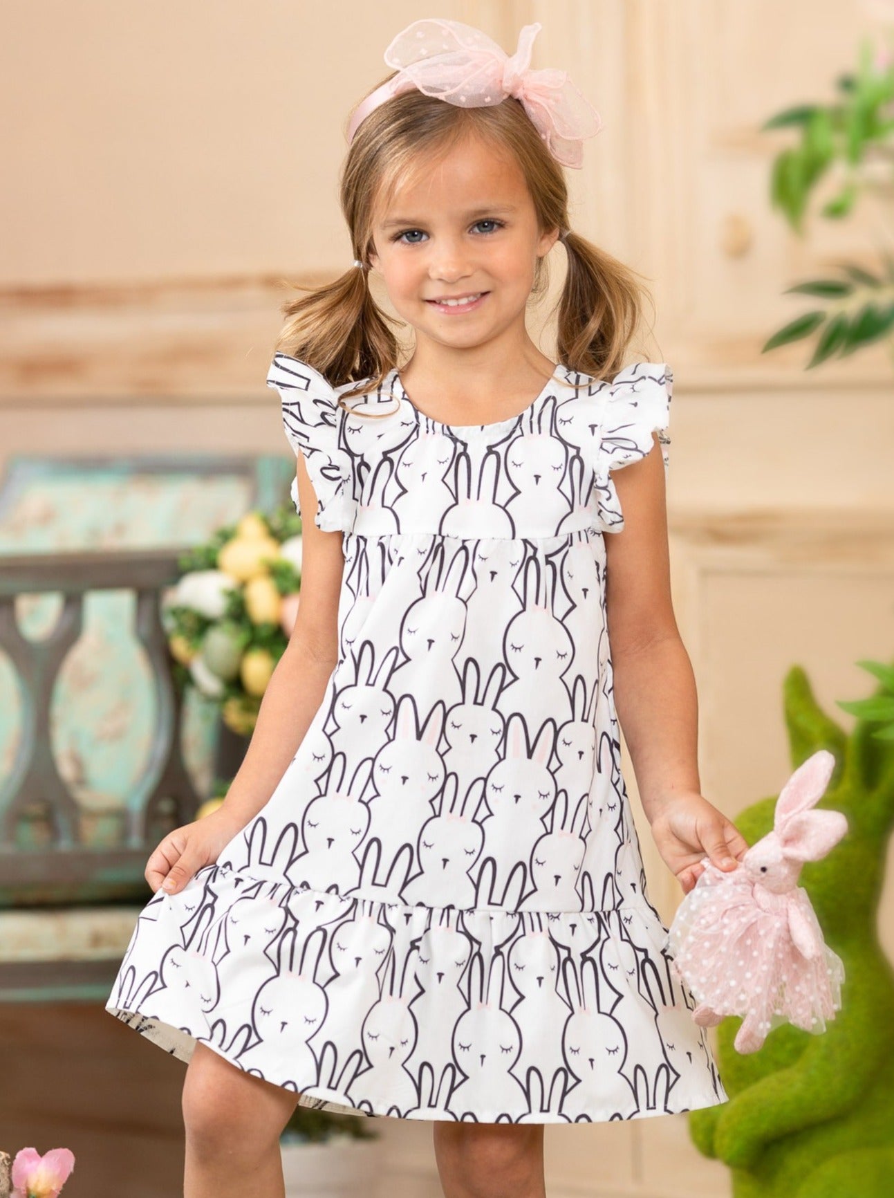 Kids Casual Easter Dress | Girls Ruffled Sleeve Bunny Skater Dress