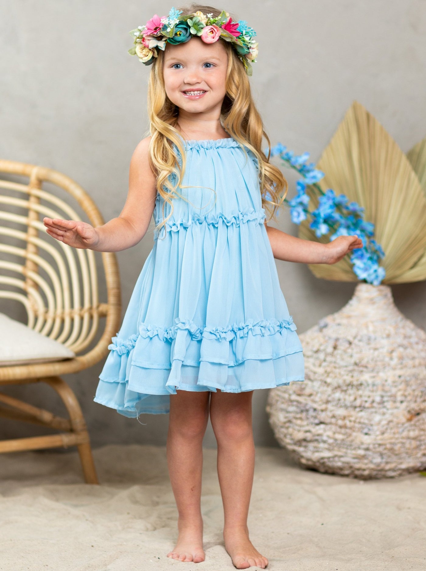 Girls Spring knee-length dress has ruffled straps and a double ruffle at the hem 2T-10Y blue