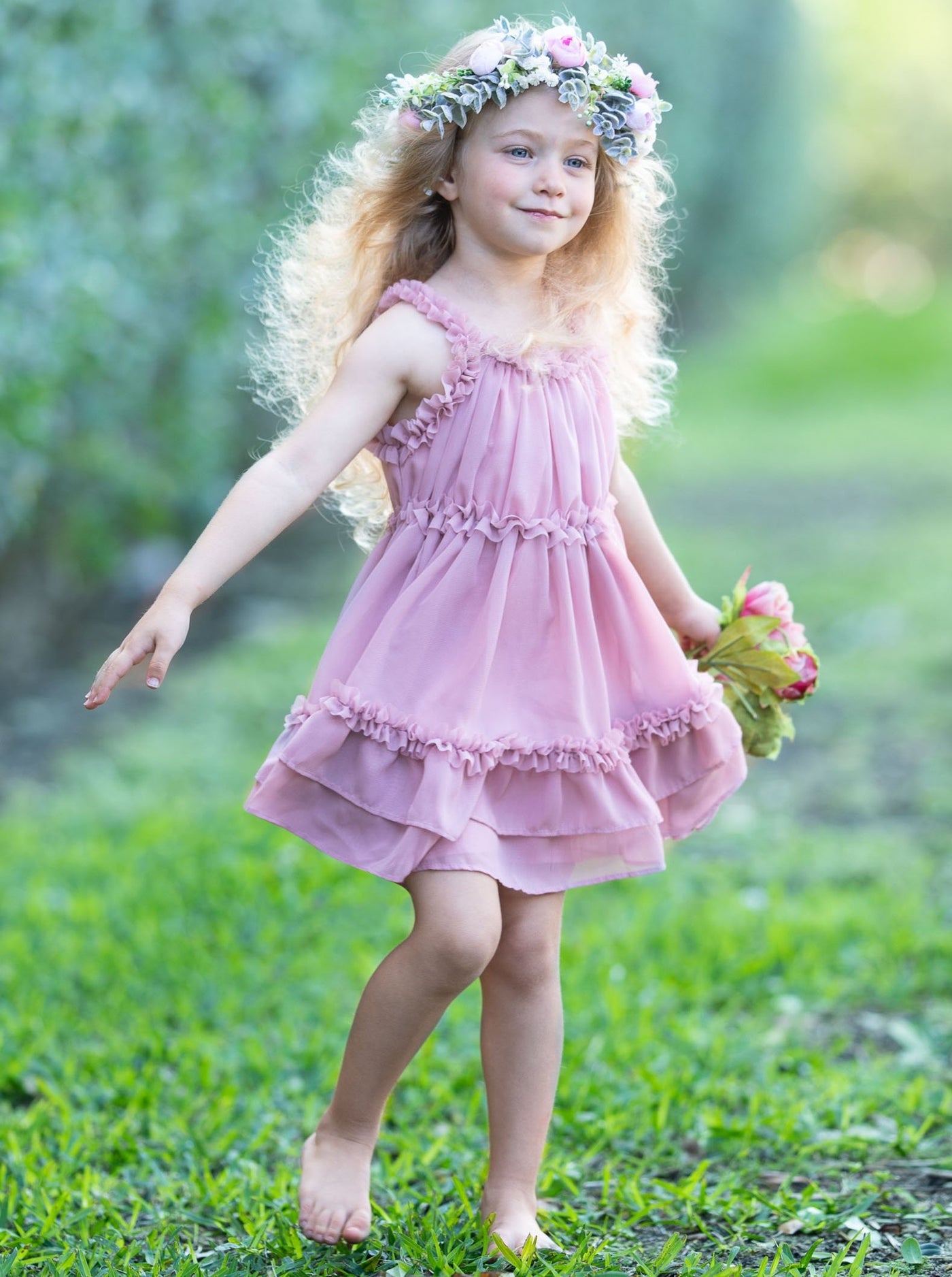 Girls Spring knee-length dress has ruffled straps and a double ruffle at the hem 2T-10Y pink