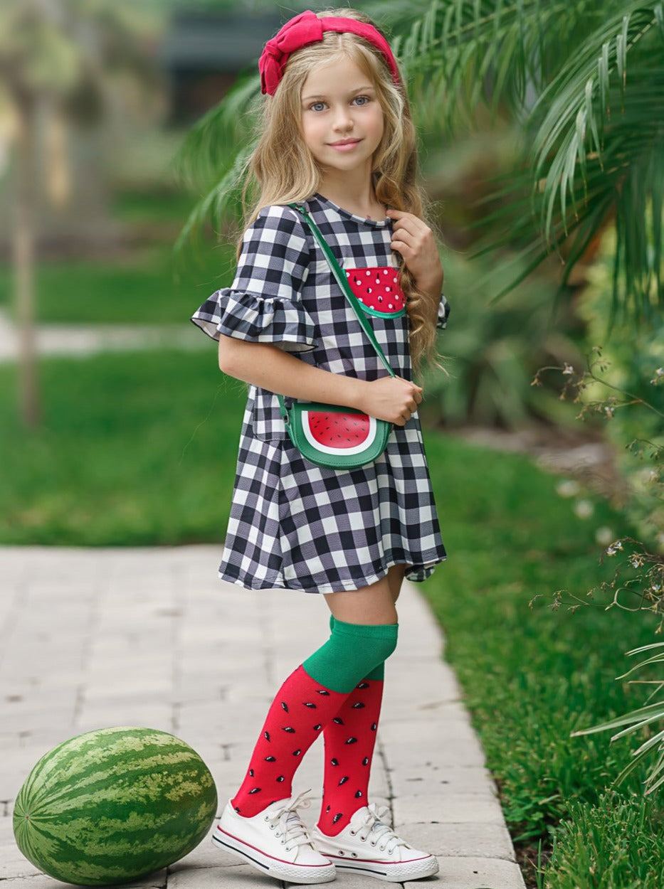 Girls Spring plaid dress with watermelon print, watermelon purse, and matching watermelon knee socks set 2T-10Y