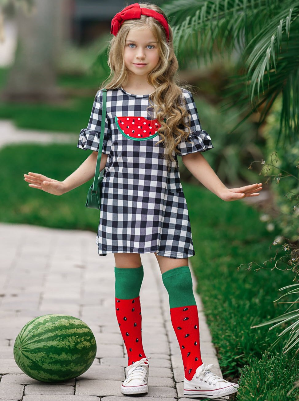 Girls Spring plaid dress with watermelon print, watermelon purse, and matching watermelon knee socks set 2T-10Y