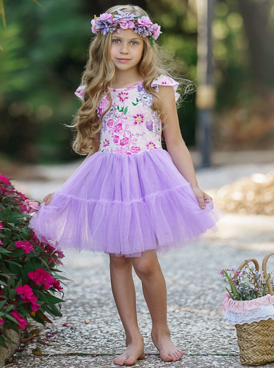 Girls Spring dress features a floral bodice and ruffled purple tutu dress 2T-10Y