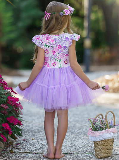 Girls Spring dress features a floral bodice and ruffled purple tutu dress 2T-10Y