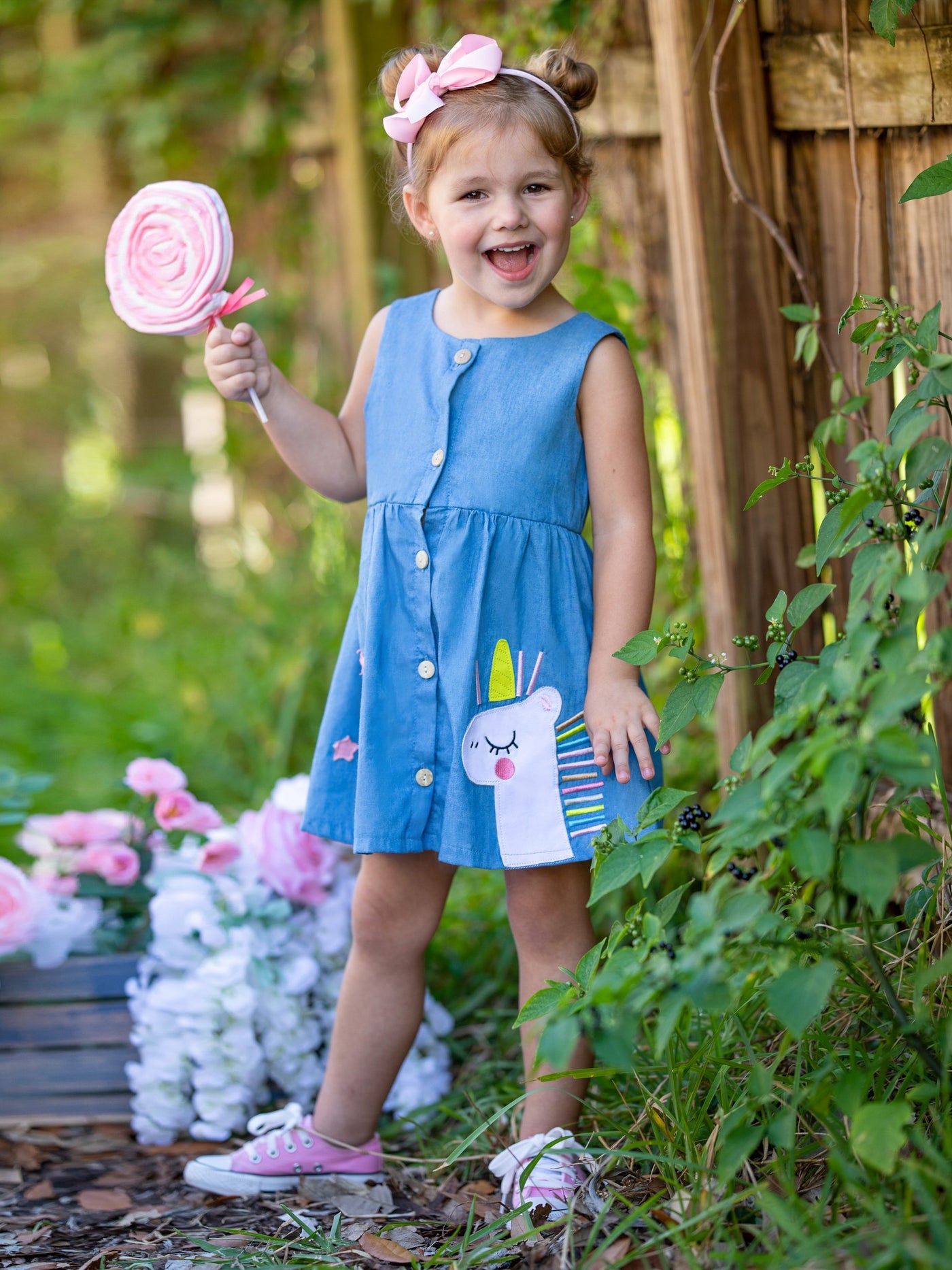 Toddler Cute Spring Dresses | Girls Unicorn Buttoned Chambray Dress