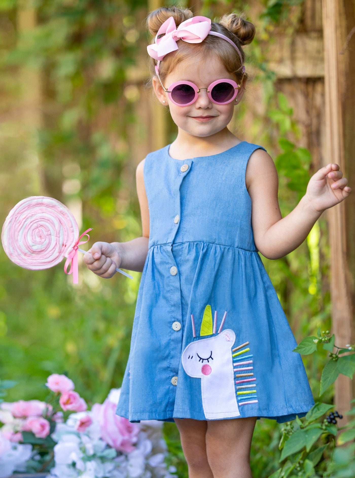 Toddler Cute Spring Dresses | Girls Unicorn Buttoned Chambray Dress