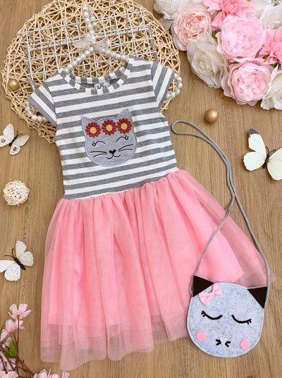  Toddler Spring Dresses | Girls Kitten Applique Tutu Dress & Purse Set
