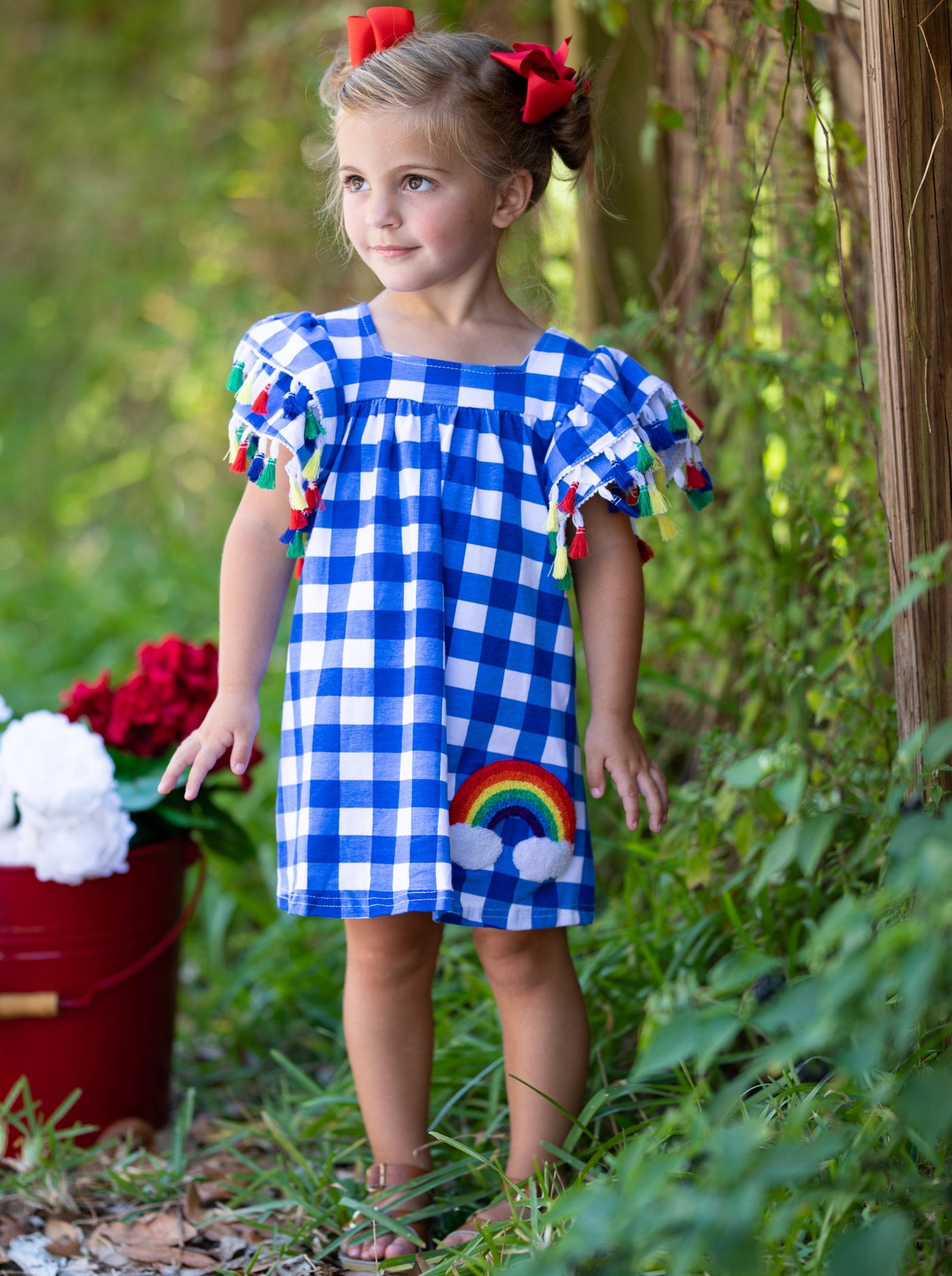 Toddler Spring Dresses | Girls Rainbows & Clouds Blue Checkered Dress