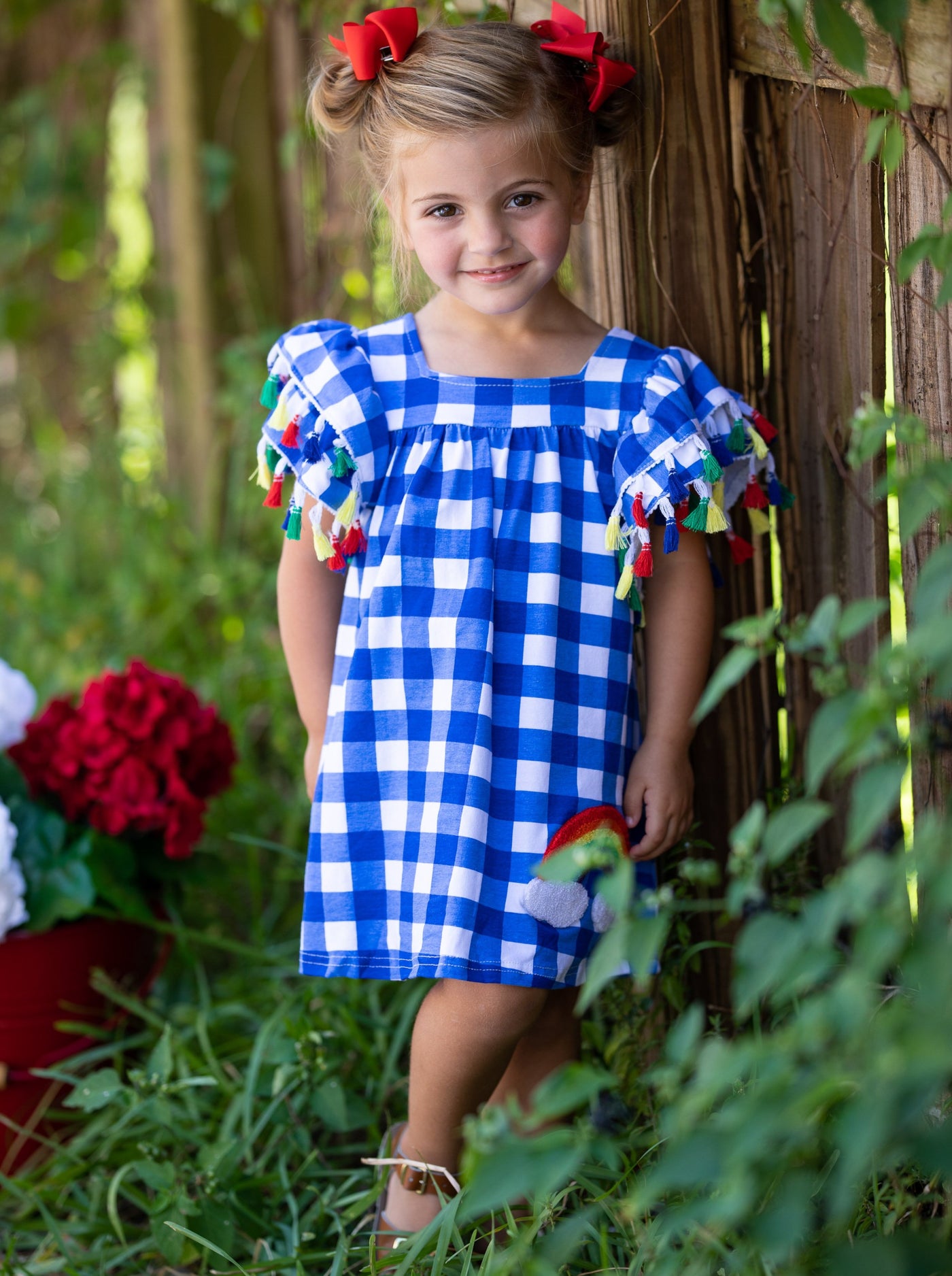 Toddler Spring Dresses | Girls Rainbows & Clouds Blue Checkered Dress