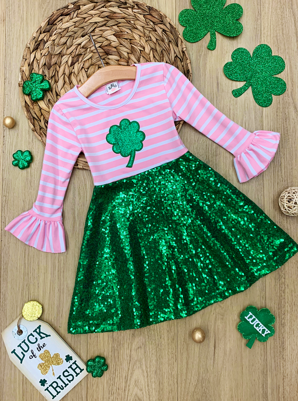 St. Patrick's Day Clothes | Little Girls Striped Clover Sequin Dress