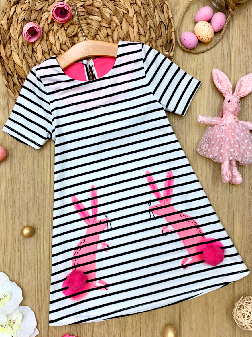 Girls Spring striped dress features adorable bunny prints with pompom bunny tail applique for 2T to 10Y toddlers and girls