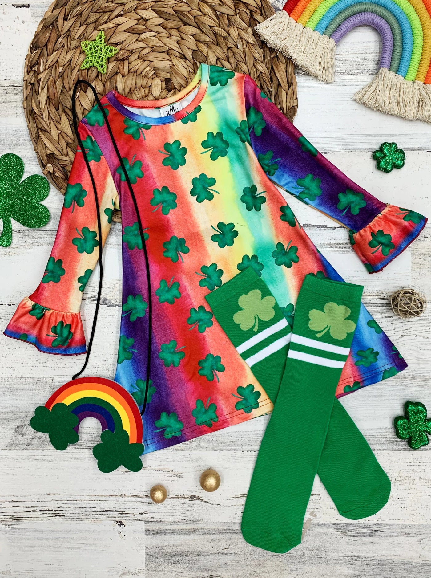 Girls "Clover"  Rainbow Print Dress, Purse and Socks Set 2T-10T St Patricks day