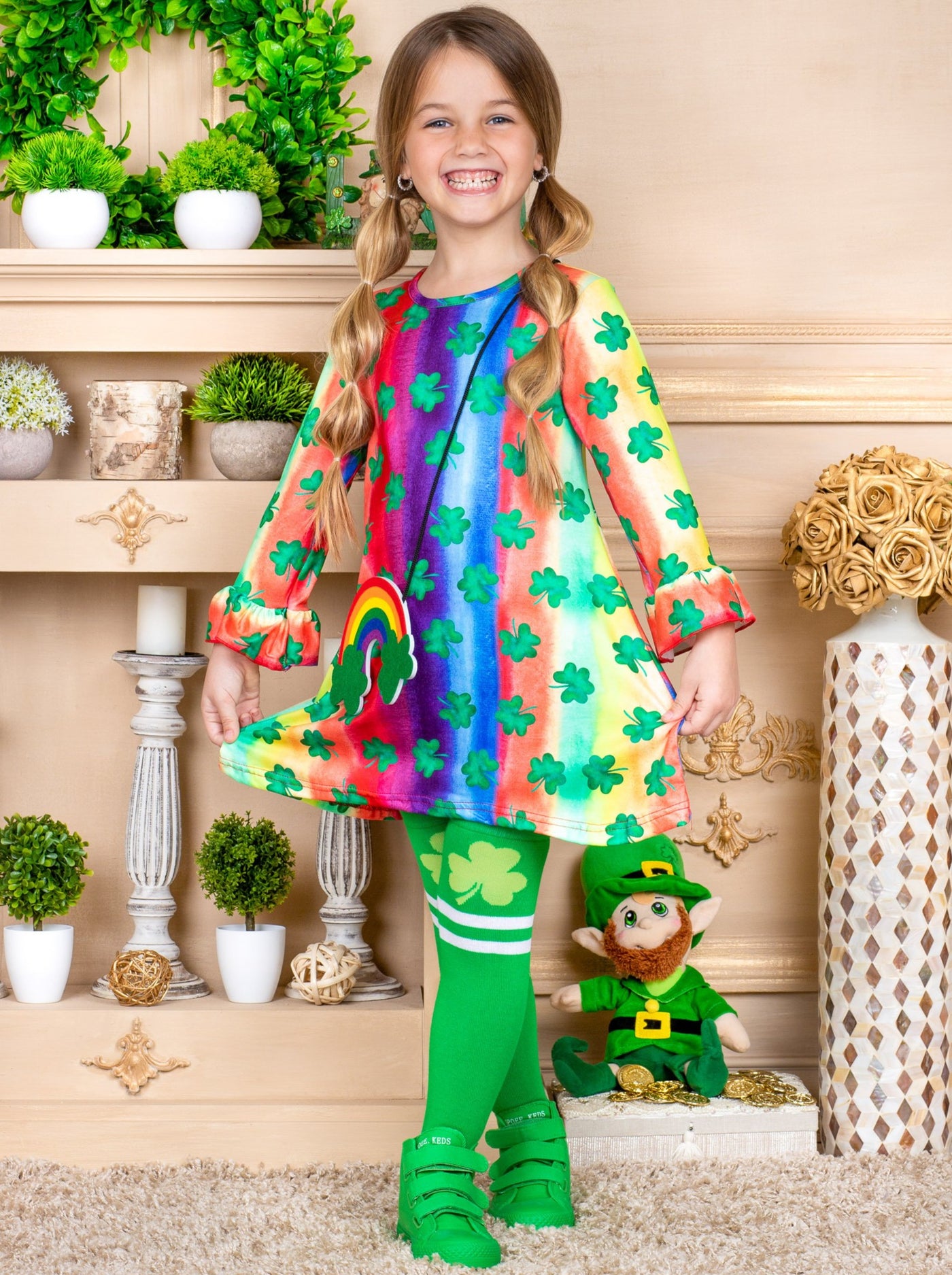 Girls "Clover" Rainbow Print Dress, Purse and Socks Set 2T-10T St Patricks day