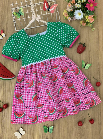 Girls dress features a green bodice with small polka dots and a checkered skirt with watermelon slice graphics - Girls Spring/ Summer Casual DressToddlers Spring Dresses | Girls Watermelon Polka Dot Checkered Dress