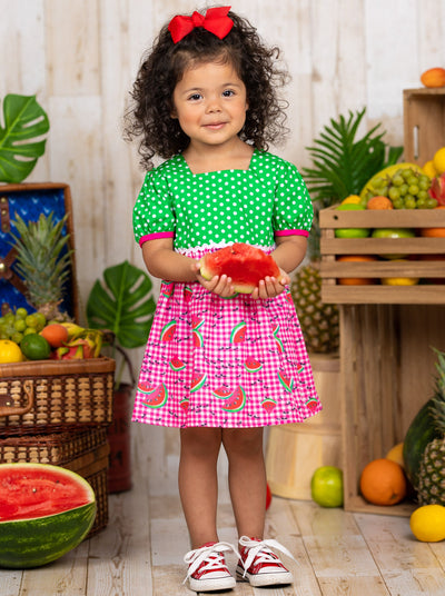 Toddlers Spring Dresses | Girls Watermelon Polka Dot Checkered Dress